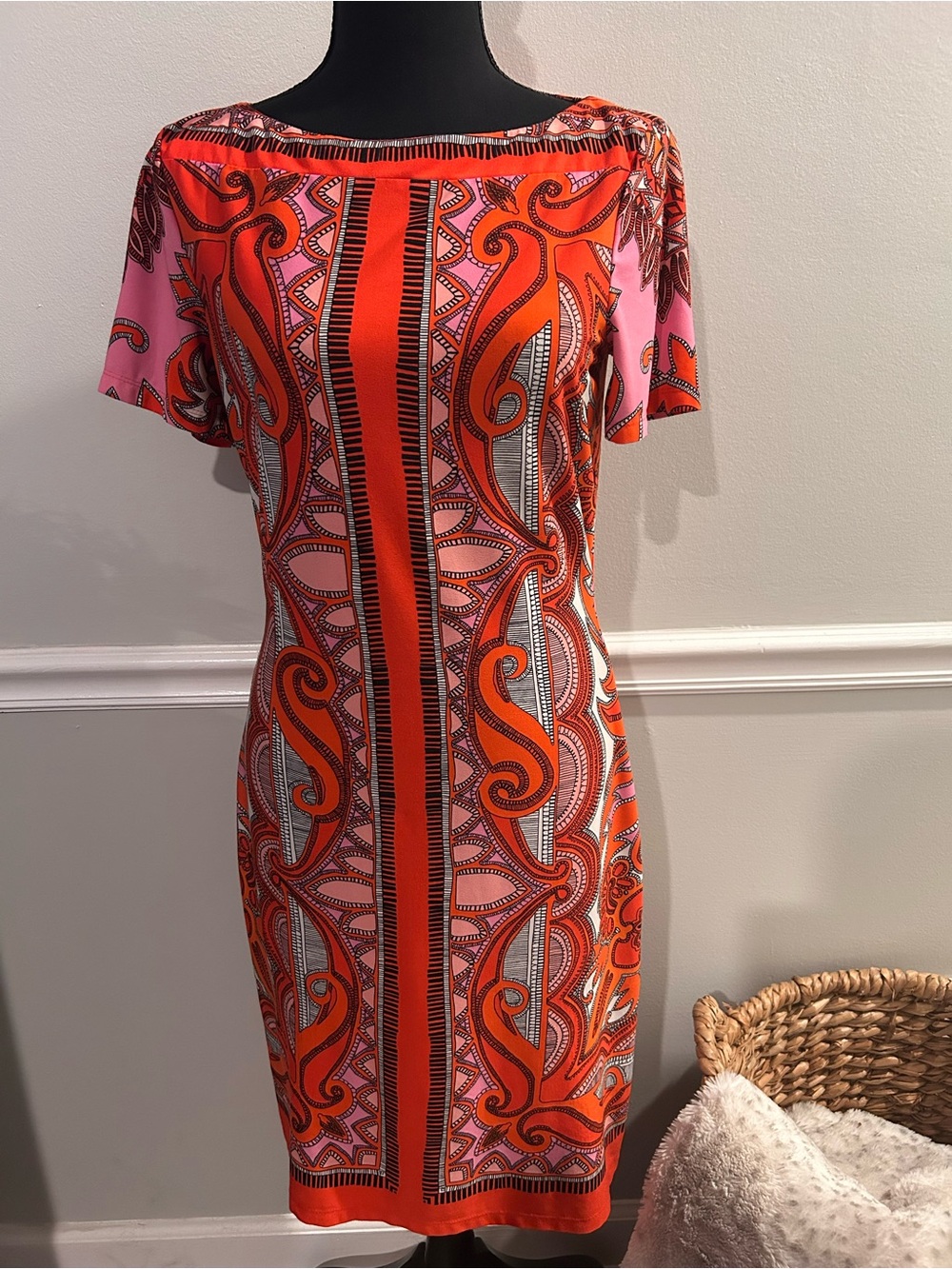 ECI Pink and Orange Printed Midi Sheath Dress